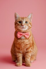 Obraz premium Ginger Cat with Pink Bowtie on Vibrant Pink Background