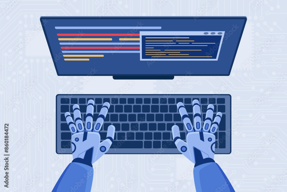 Fototapete Code automation development, programming using AI, top view of coding robot hands. Cyborg sitting at computer desk, writing code for software or mobile application cartoon vector illustration