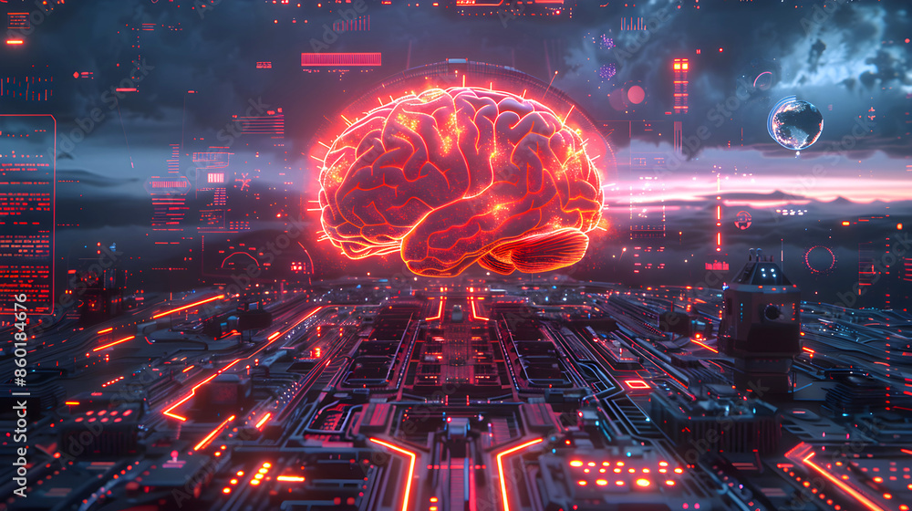 Aufkleber futuristic digital brain with glowing red neural connections on a high-tech circuit board background
