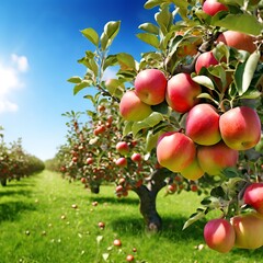 Fototapeta premium An apple tree laden with ripe apples, set in a lush green orchard under a clear blue sky, Generative AI