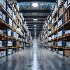 Fototapeta premium Large Warehouse Interior With Rows Of Metal Shelving And Storage Boxes