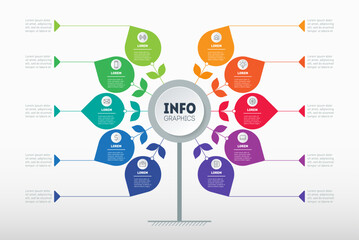 Tree. Template of diagram or brochure on light background. Information chart or infographic of technology or education process with 10 options. Business infograph concept with ten steps.