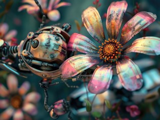 Fototapeta premium Cyborg profile with floral background: A fusion of technology and natural beauty