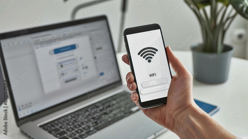 Poster person holding smartphone with wi-fi connection screen. open laptop in background. modern workspace 