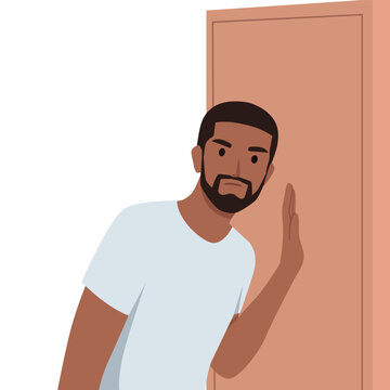 Young man leaned against door wanting to eavesdrop someone else secret conversations of people. Flat vector illustration isolated on white background