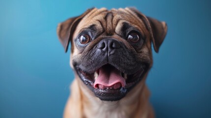 Obraz premium Funny Pug close-up. In a vibrant blue background photo studio. Canine. Dog. Pet.