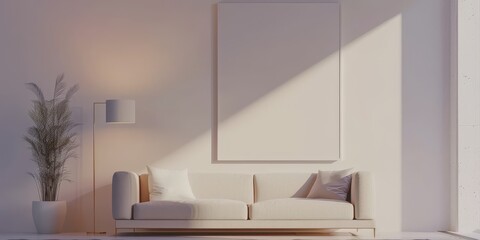 The photo shows a sofa in a room with a plant and a lamp. The room is lit by a soft light.