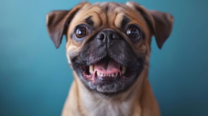 Obraz premium Funny Pug close-up. In a vibrant blue background photo studio. Canine. Dog. Pet.