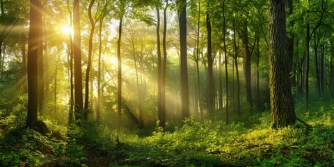 Obraz premium The photo shows the beauty of a lush green forest with bright sunlight shining through the tall trees.