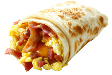 A breakfast burrito with eggs, bacon, and cheese | Isolated on Transparent & White Background | PNG File with Transparency