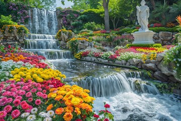 Naklejka premium Beautiful Paradise Land with Flower and Waterfall created with Generative AI