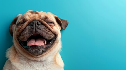 Obraz premium Funny Pug close-up. In a vibrant blue background photo studio. Canine. Dog. Pet.