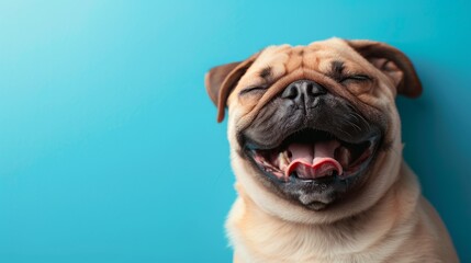 Obraz premium Funny Pug close-up. In a vibrant blue background photo studio. Canine. Dog. Pet.