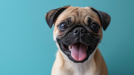 Funny Pug close-up. In a vibrant blue background photo studio. Canine. Dog. Pet.