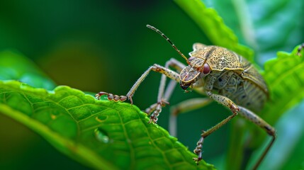 Fototapeta premium Close-up of a vibrant green bug on a leaf. Macro photograph depicting the intricate details of an insect. Nature and wildlife photography suitable for educational and scientific purposes. AI