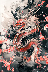 Obraz premium Chinese dragon swirling among cherry blossoms in a dynamic and vibrant 3d illustration