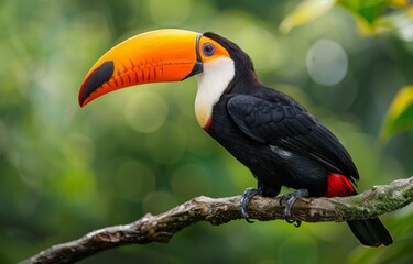 Naklejka premium Colorful Toucan Perched On Branch In Tropical Rainforest