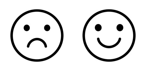 Happy and sad emoji vector icon. Face smile icon positive, negative neutral opinion vector signs symbol. Simple flat shape happy and sad emotion logotype. Vector illustration.