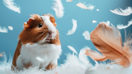 Adorable brown and white guinea pig surrounded by floating feathers