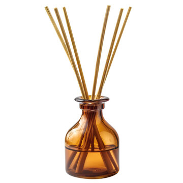Brown glass essential oil diffuser bottle with wooden sticks, cut out
