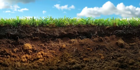 Cross-Section of Soil Layers with Green Grass and Blue Sky