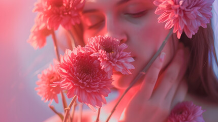 Young women with bouquet of pink chrysanthemum flowers on color background closeup International Womens Day : Generative AI
