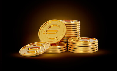 3d Stack Of Golden European Euro Coins Shiny Coins Stack On Golden Glow Background 3d Illustration