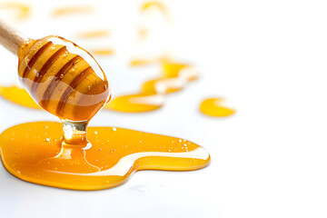 Golden Honey Dripping from Wooden Dipper onto White Surface.