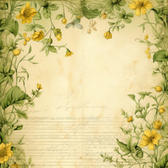 vintage floral paper with flowers and plants, design grunge, retro yellow background. scrapbooking backgrounds with yellow flowers