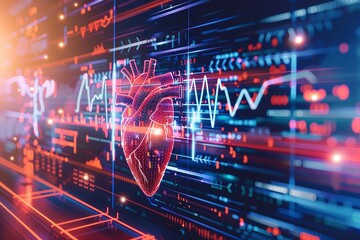 Obraz premium The heartbeat line transforming into digital AI code symbolizes the role of advanced AI technology in real-time patient monitoring