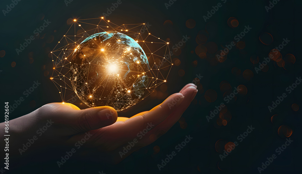 Poster a hand holding the earth with glowing interconnected lines, symbolizing global connectivity and digi
