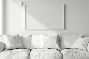 Modern Scandinavian style living room interior with a white sofa and empty mock-up poster frame on the wall