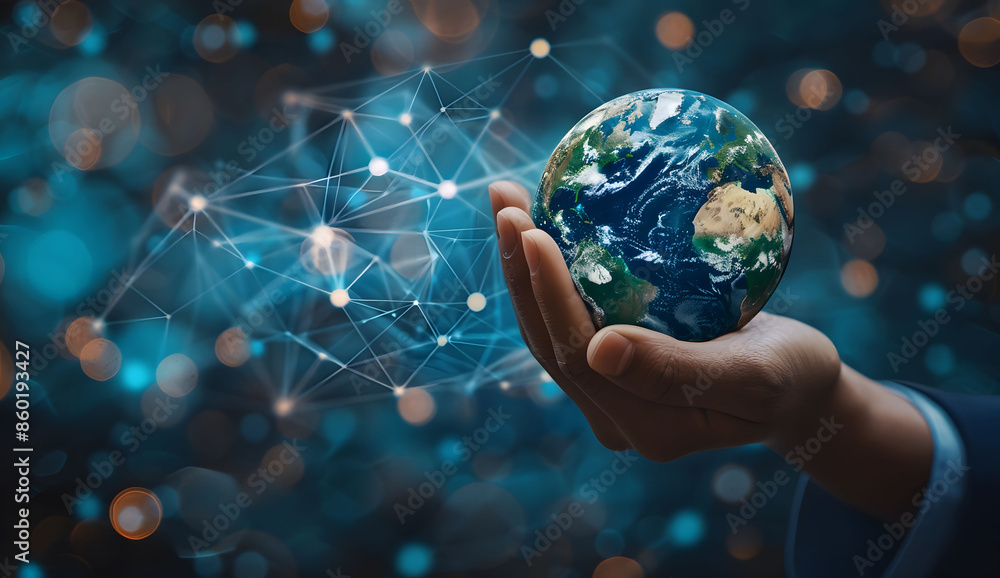 Poster a hand holding the earth with glowing interconnected lines, symbolizing global connectivity and digi