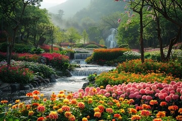 Beautiful Paradise Land with Flower and Waterfall created with Generative AI