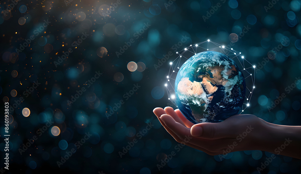 Poster a hand holding the earth with glowing interconnected lines, symbolizing global connectivity and digi