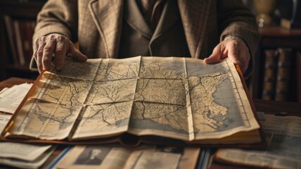 Elderly man examining vintage map, surrounded by books