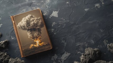 Old book with explosion cover, ash scattered on dark surface