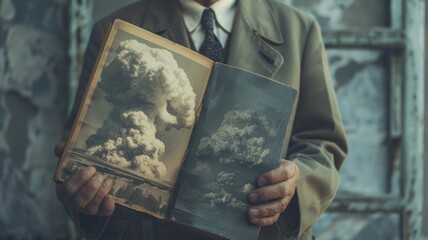 Person in suit holds photo album showing images of large explosion