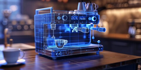 Futuristic Cafe: Digital Blueprint of Espresso Machine in Modern Coffee Shop