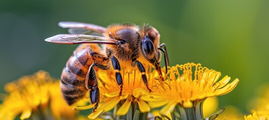 Fototapeta premium Close Up Of A Honey Bee Pollinating A Yellow Dandelion Flower In The Summer