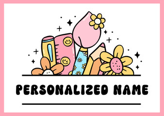 Groovy Retro School Frame Monogram Name Pencil and school supplies Cartoon Doodle Drawing
