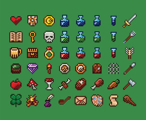 Pixel art vector retro video game icons interface set. Weapon, food, item, potion, magic, sword, shield
