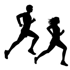 Vector silhouettes of running people, man and woman, couples of athletes, profile, black, isolated on a white background