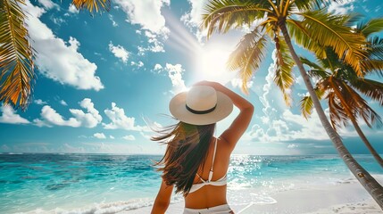 A woman wearing a hat stands on a tropical beach, gazing at the blue ocean and palm trees under a bright sky. Perfect summer holiday photo. Ideal for travel blogs, vacation websites