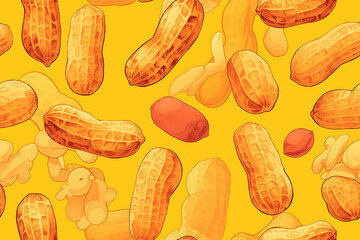 Playful peanut pattern with whole peanuts in shells and some shelled peanuts scattered on a bright yellow background.
