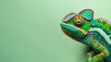 Obraz premium A green and yellow chameleon is staring at the camera. The background is a green color