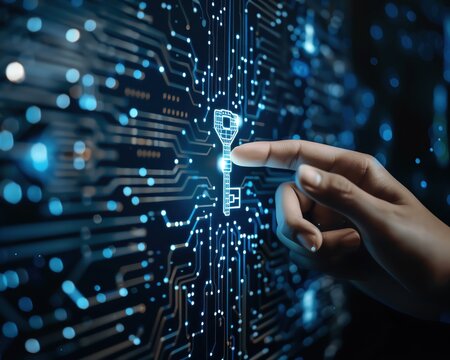 Finger touching virtual digital key on futuristic interface, representing cybersecurity, data access, and technology innovation.
