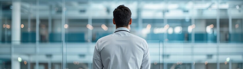 Fototapeta premium Rear view of a doctor wearing a white coat standing in a modern building with glass panels, symbolizing professionalism and expertise.