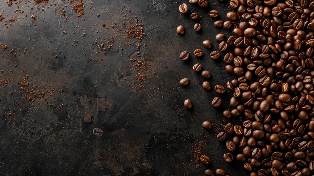 Coffee beans spread out top view space for text