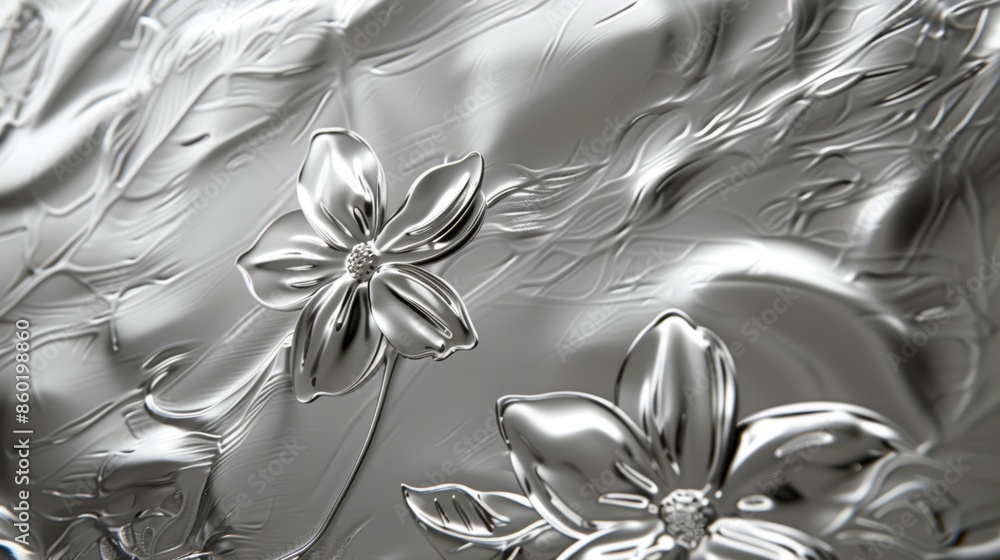 Poster close-up of embossed floral pattern on a shiny silver surface. abstract background with intricate de